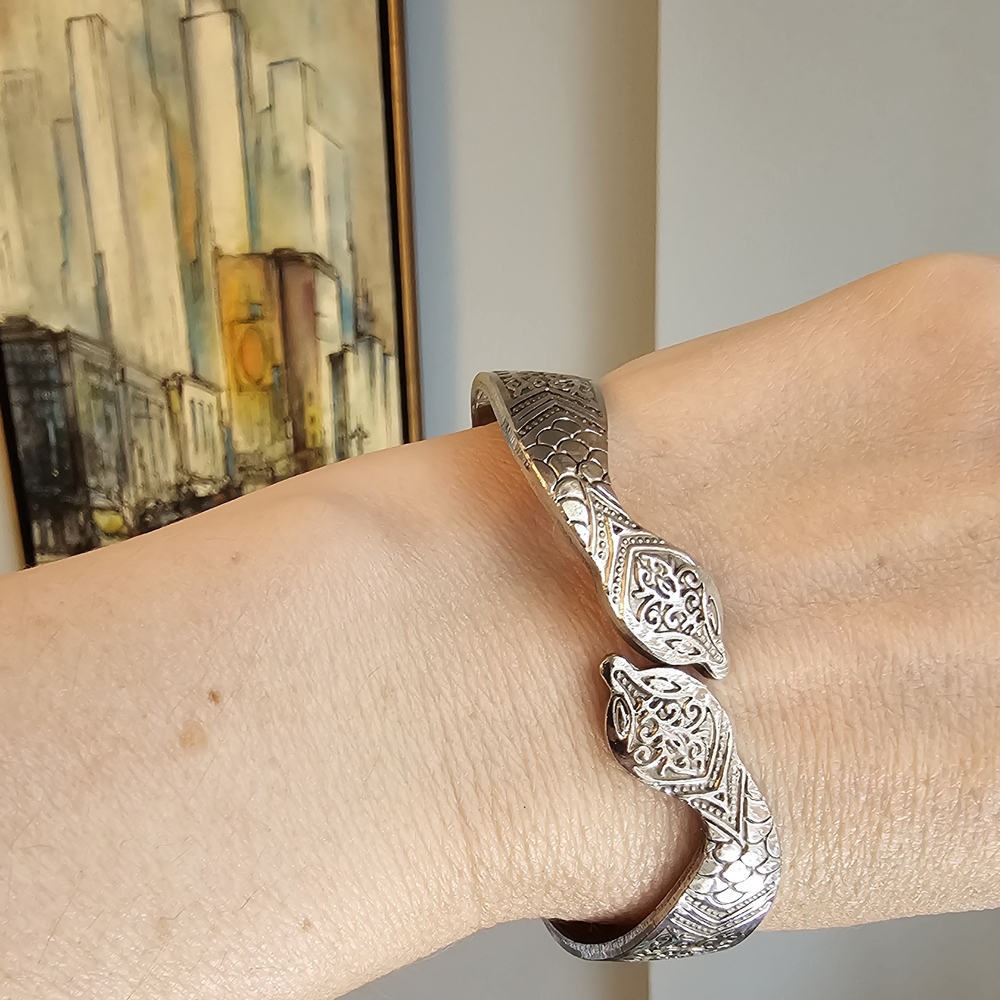 Vintage Egyptian Revival Two Headed Snake Silver Cuff Bracelet